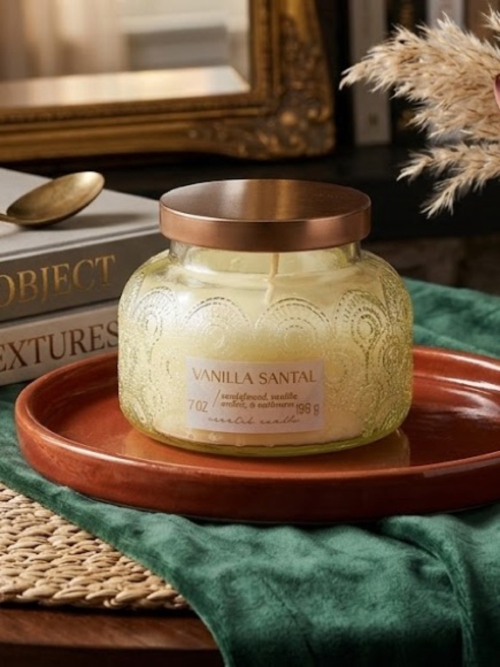 Vanilla Santal Cashmere Sandalwood Textured Glass Candle 7oz Boho Decor